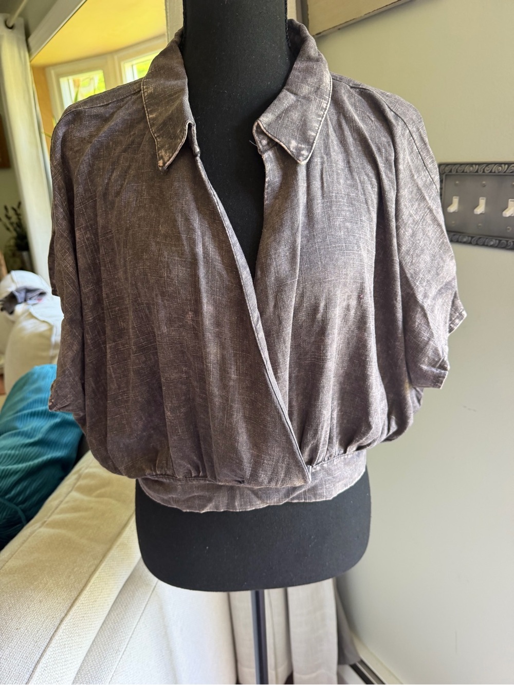 Zenana Outfitters Washed Brown Short Sleeve Wrap Blouse